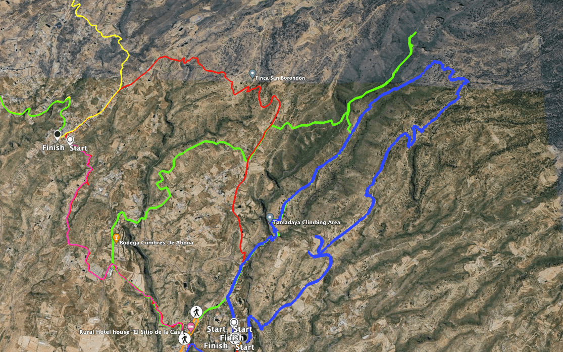 Track der Rundwanderung von Arico Viejo aus (blau) und benachbarte Touren grün und rote Tracks