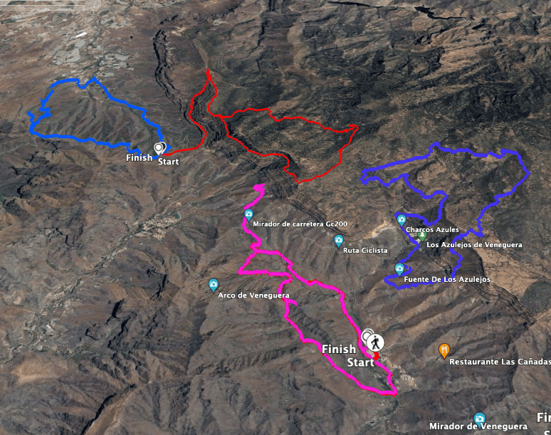 Track der Wanderung Veneguera mit Erweiterung (rosa), Track der Wanderung Azulejos de Veneguera (dunkelblau rechts), Track der Wanderung Inagua (rot) und links Track der Wanderung Tasartico