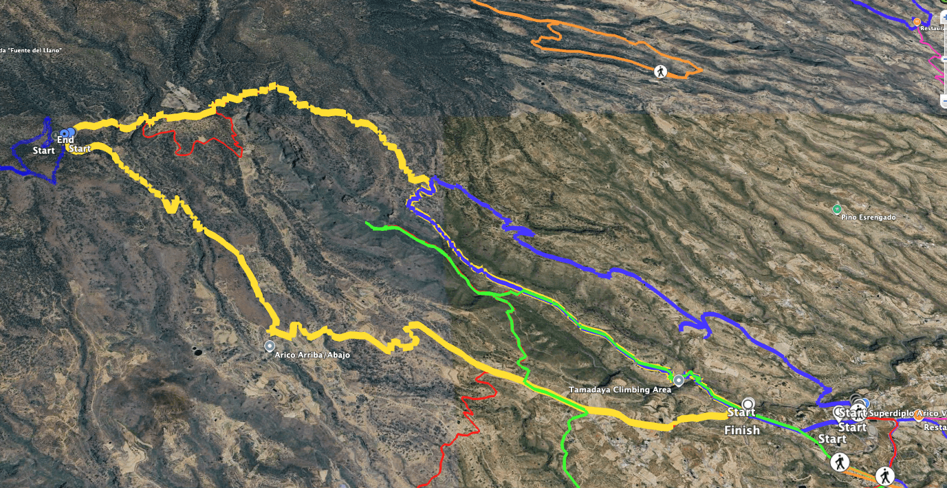 Track of the El Contador hike (yellow). Small red track at the top (small loop around El Contador), blue: small loop around Arico, blue top left (high-altitude hike above the Contador), green: small loop with hike to Galería Tamadaya