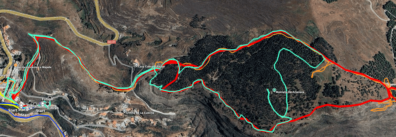 Track der Wanderung auf die Montaña de Artenara. Rot auf der rechten Seite ist die Variante "kleine Erweiterung"