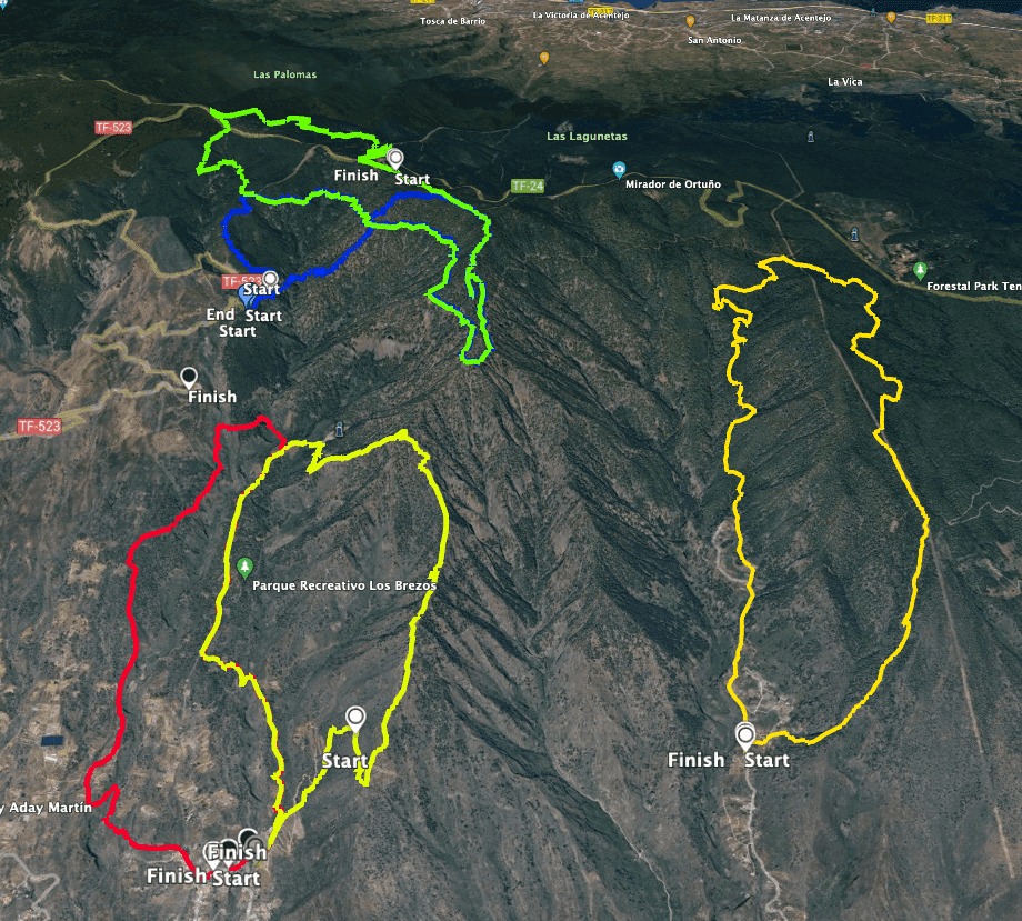 Track de la ruta Los Brezos (rojo y amarillo junto con el icono del track). A la derecha amarillo: ruta Igueste de Candelaria y arriba azul y verde (rutas por encima de Candelaria)
