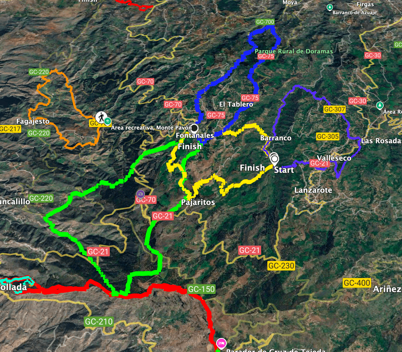 Valsendero hike (yellow centre), Valleseco hike (purple right), Los Tilos hike (blue top), Cuevas de Caballero hike (green left)