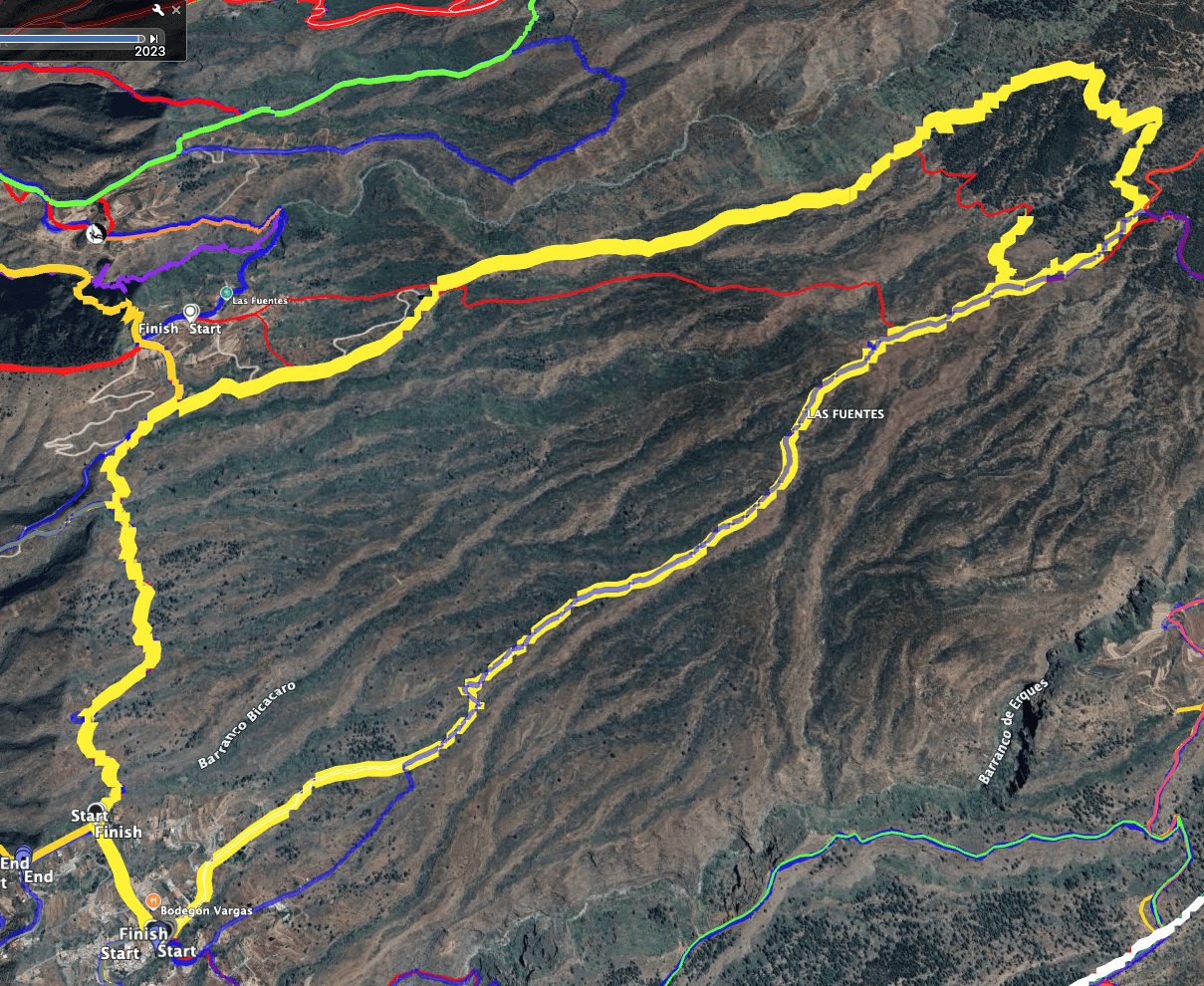 Track of the Vera de Erques - Las Fuentes hike (yellow) and two crossings (shortcuts) in red