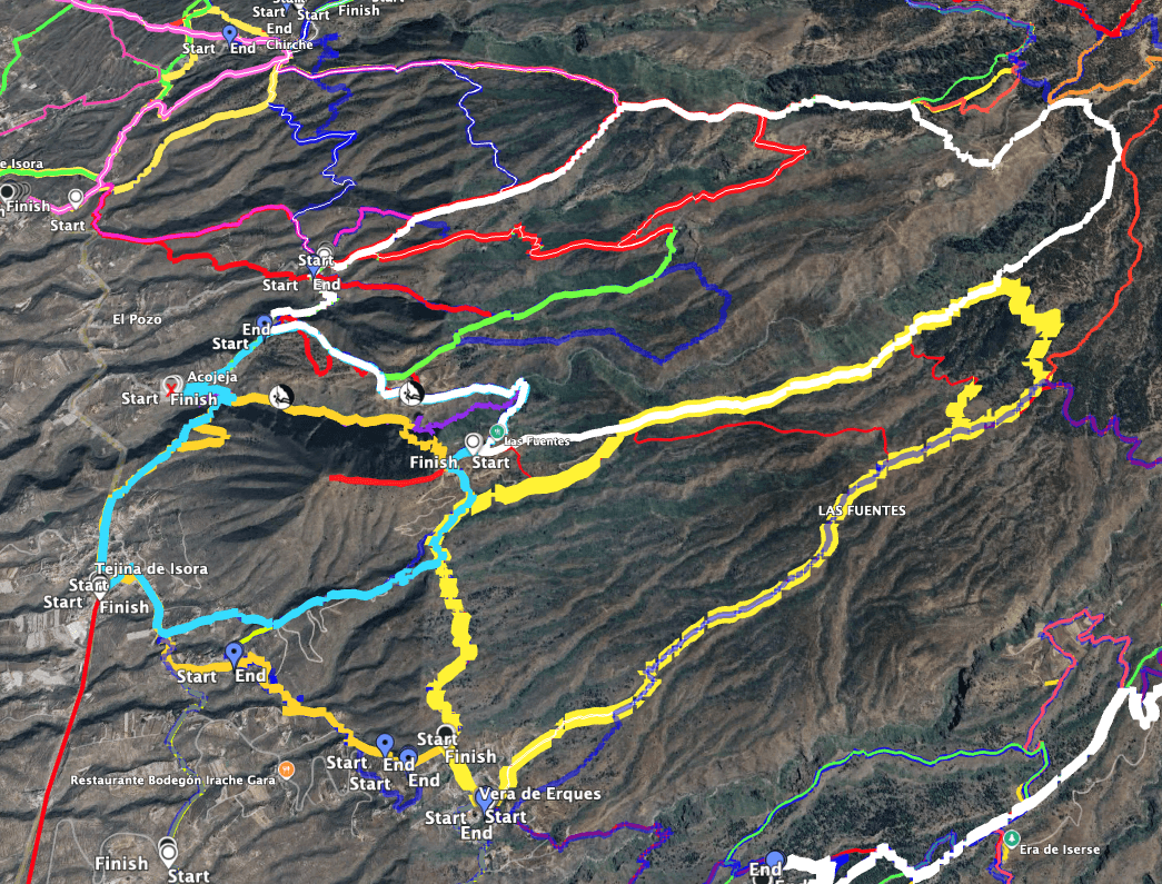 Track of the Vera de Erques - Las Fuentes hike (yellow) with gorge crossings and neighbouring hikes marked in red