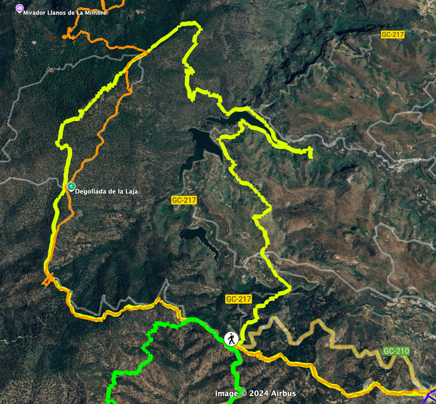 Track of the great circular hike from Artenara across the Tamadaba Natural Park. The shortened circular tour begins at the point where the black hiking man symbol is located