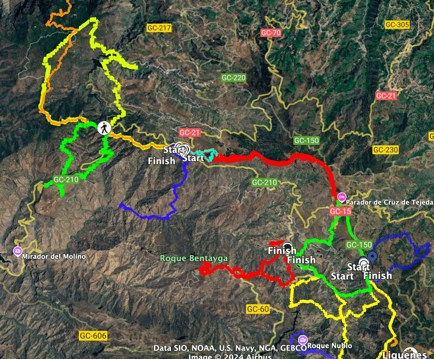 Track of the Tamadaba hike (yellow on the left) and other hikes in the vicinity. Red center: Artenara - Cruz de Tejeda