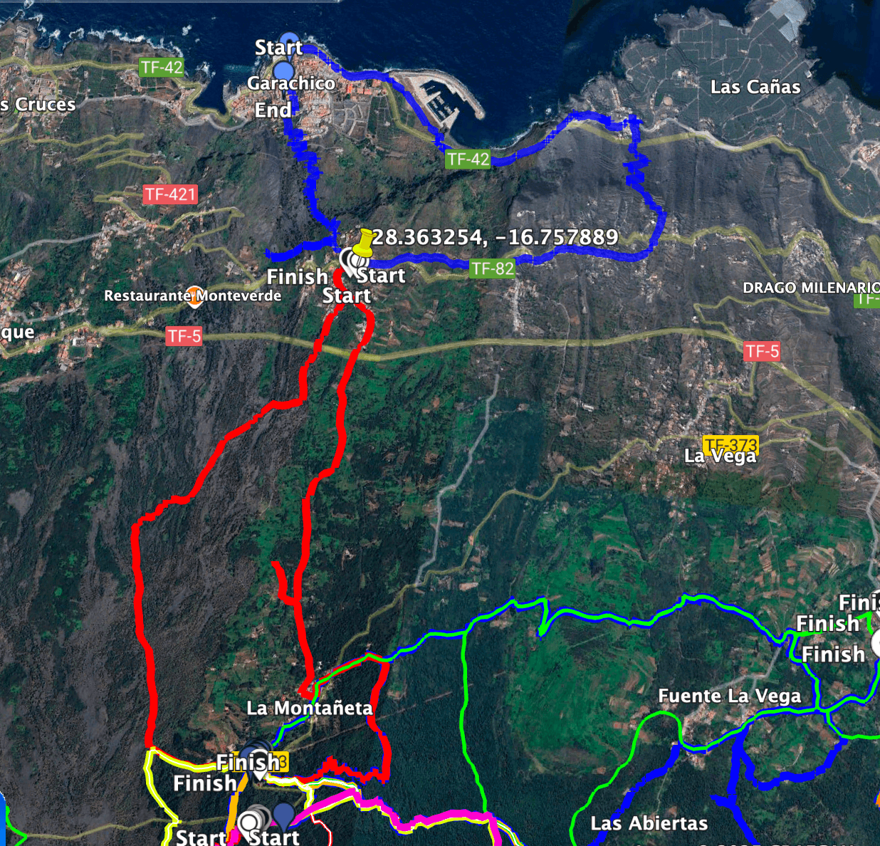 Recorrido de la ruta San Juan del Reparo (rojo) y la ruta vecina Garachico-. San Juan del Reparo (azul) y varias rutas La Montañeta (coloreada abajo)