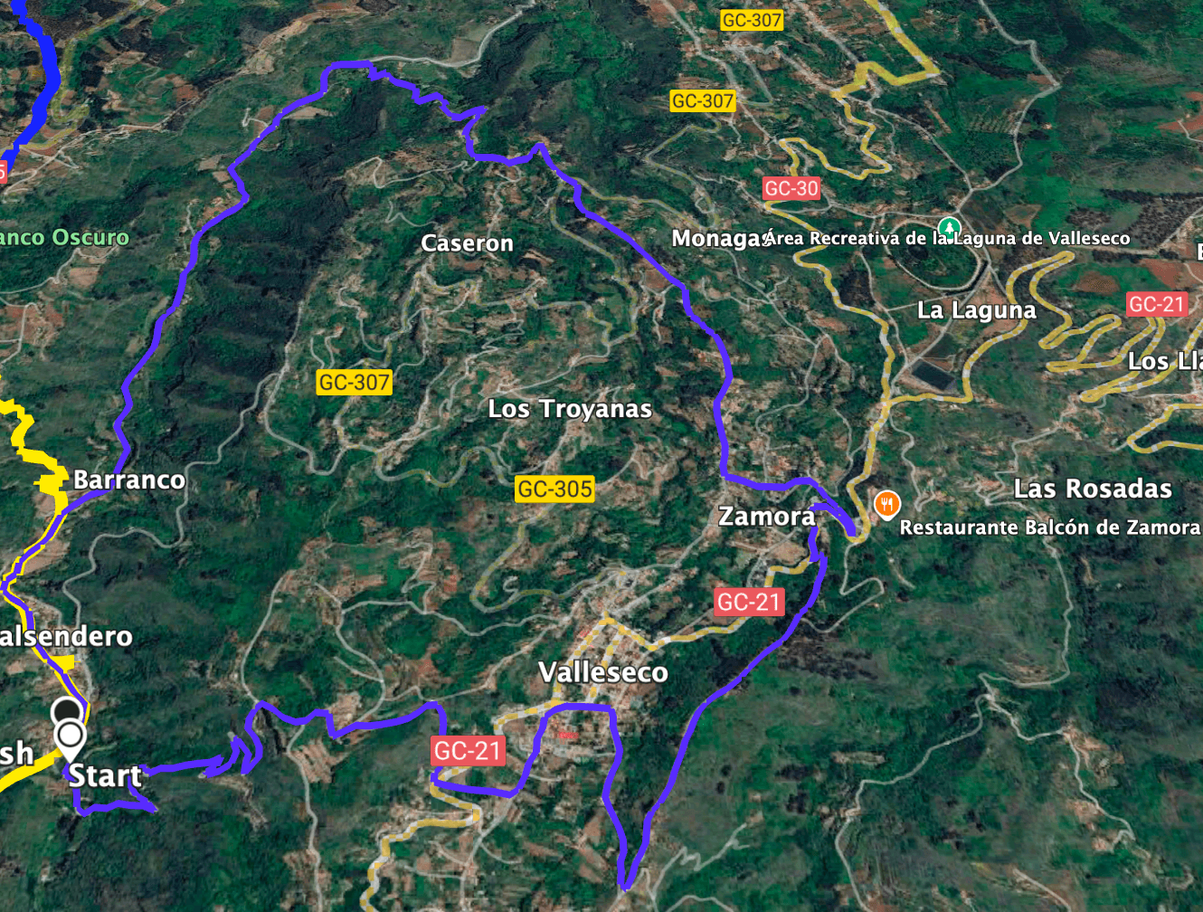 Trayecto de la ruta de senderismo Valsendero - Valleseco - Barranco de la Virgen