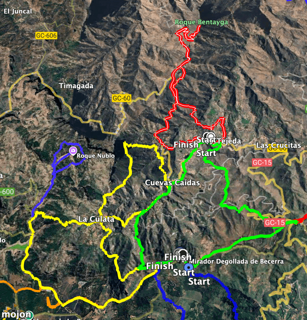 Track of the Roque Bentayga hike (red) and neighbouring hikes: green: Cruz de Tejeda, yellow: Culata, blue: Roque Nublo