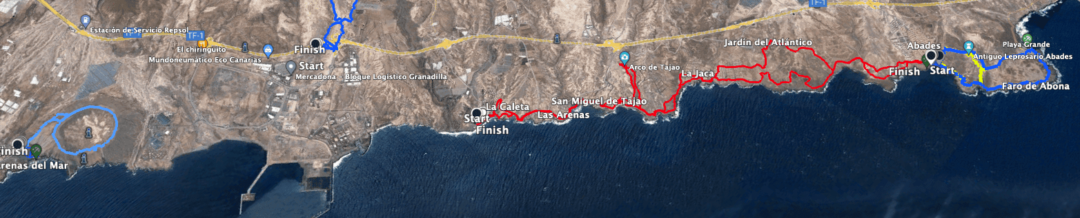 Track der Wanderung Arco de Tajao - La Caleta - Abades und benachbarte Wanderungen rechts blau (Abades) und links blau (Montaña Pelada)