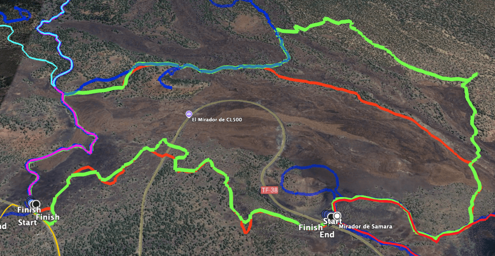 Oben rechts der rote Strich markiert die kürzere und der grüne Strich die etwas längere Vulkanroute - nur die Stelle, an der sich die Touren voneinander unterscheiden