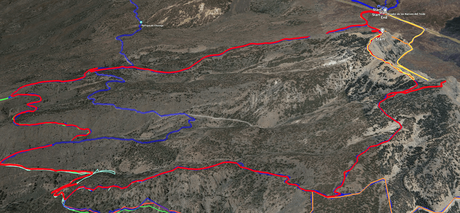 Ruta de la gran excursión circular por las laderas de Las Cañadas (rojo)