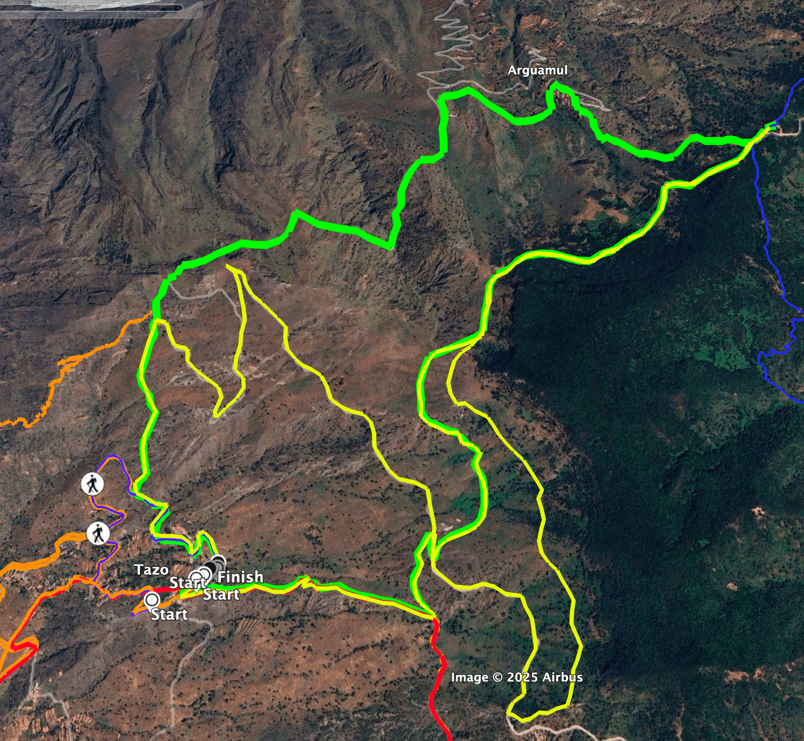 Track of the Arguamul hike (green) with extensions (yellow)