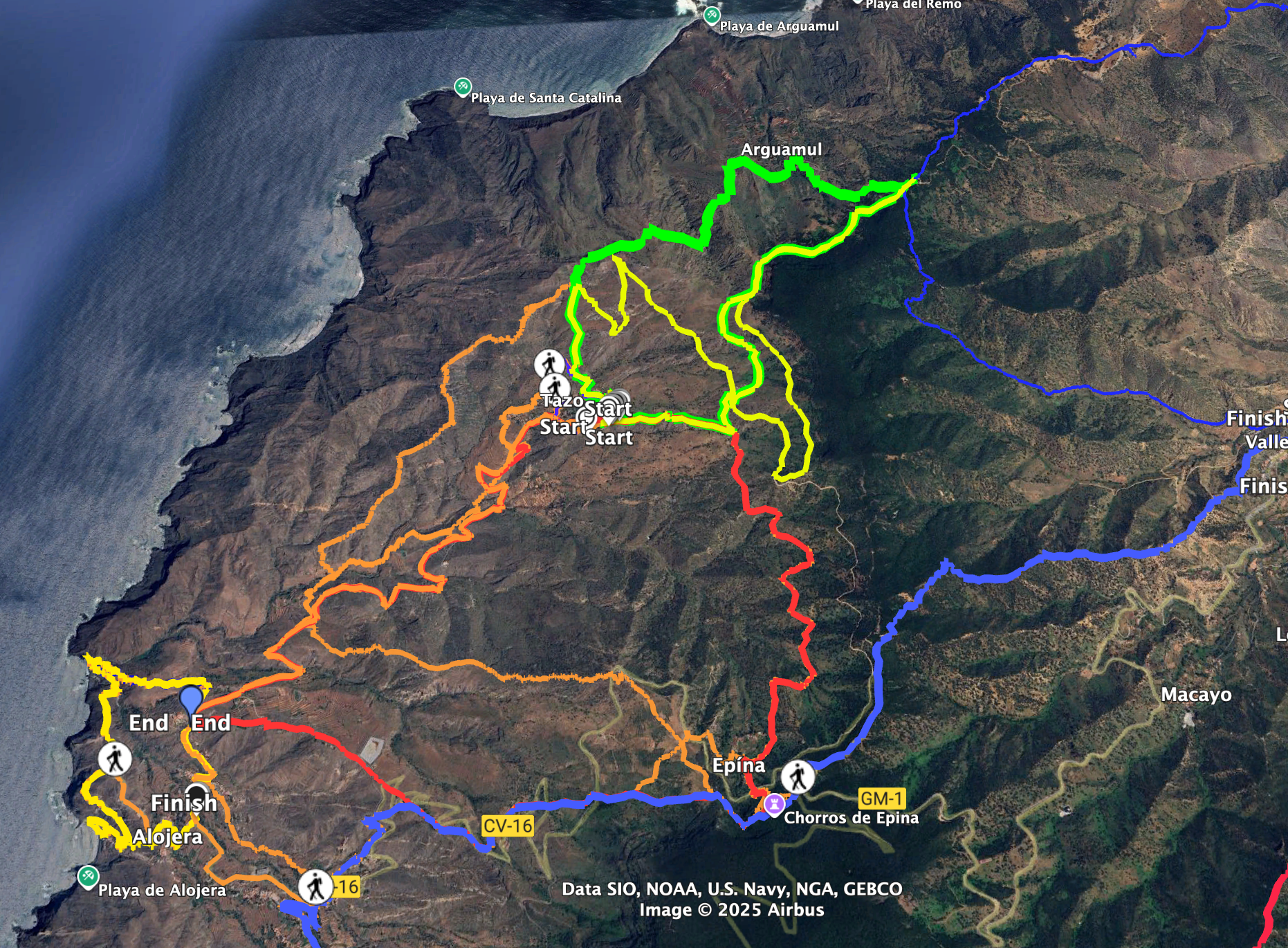 Track of the Arguamul hike (green) and neighbouring hikes such as Cherfe and GR 132 (blue) as well as extensions (yellow)