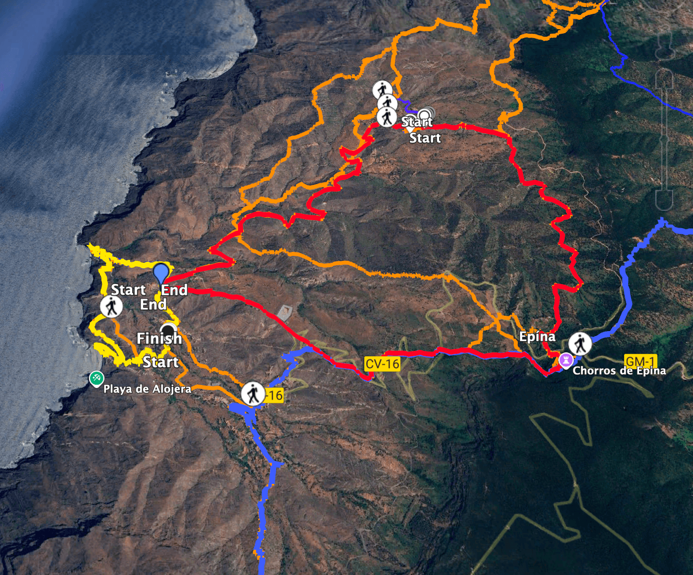 Track for the Playa del Trigo hike (yellow) and neighbouring tracks (such as the red circular walk via Epina and the blue GR-132 long-distance trail, as well as the path to Taguluche)