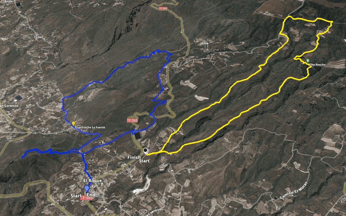 Track der Rundwanderung Cho Pancho (gelb) und benachbarte Wanderung Roque del Jama (blau)