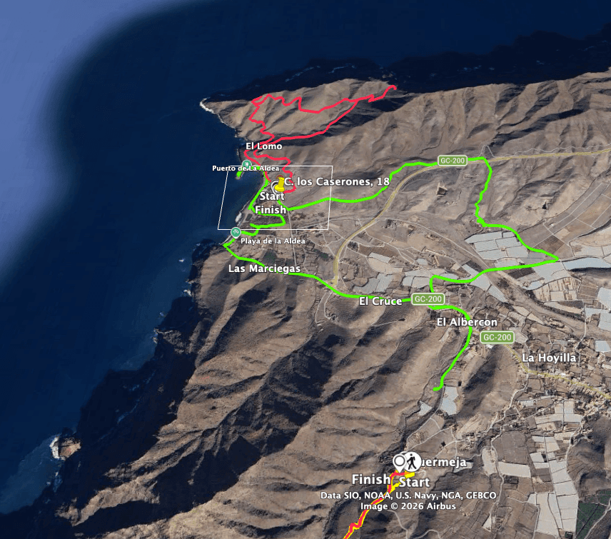 Track of the Degollada de El Perchel Aldea hike (red) and track of the hike around Aldea (green)
